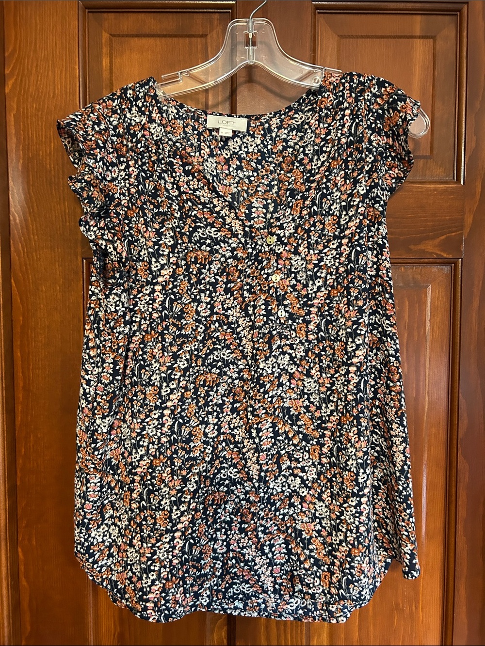 LOFT Navy Floral Cap-Sleeve Blouse with Coral and Cream Accents